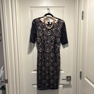 Navy blue / Tan  Sheath Dress 3/4 Sleeve Crew Neck nwot